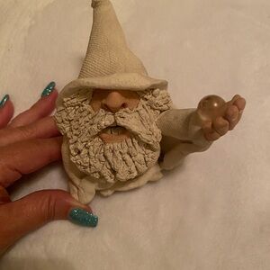 White Wizard~Cream Ceramic Gnome Figurine Holding Orb
